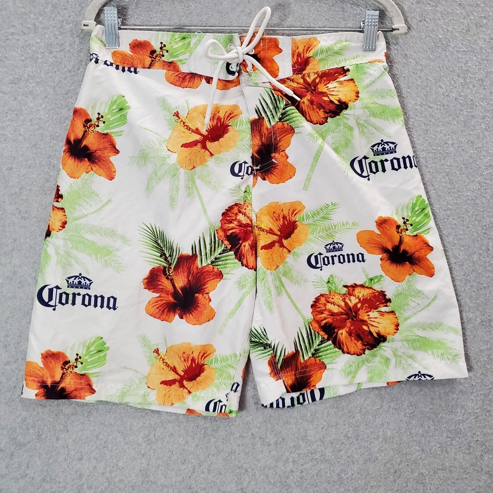 Corona Extra Men‎ Swimwear Medum White Floral Swim Trunks Logo Baech Summer